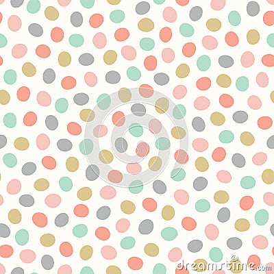 Seamless repeat tossed pattern of hand drawn polka dots. Cute pastel coloured spots in a vector design background. Vector Illustration