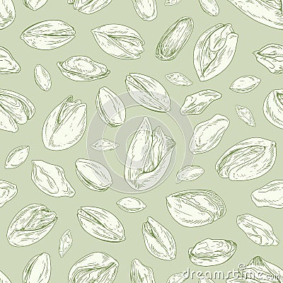 Seamless repeatable pistachio pattern with open nuts and whole pistaches with shells. Monochrome design of endless Vector Illustration