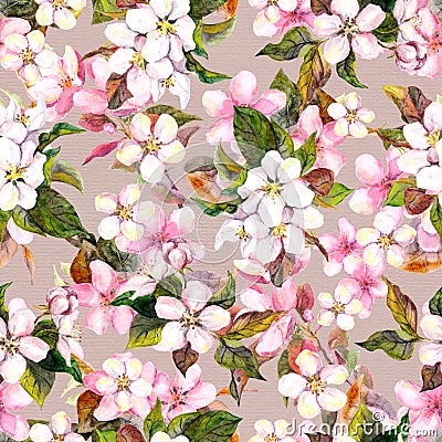 Seamless repeated floral pattern - pink cherry sakura and apple flowers. Watercolor Stock Photo