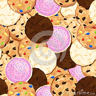 Cookie Pile Seamless Background with Chocolate Chip, Fudge, Sugar, Iced, Oatmeal Raisin Cookies Cartoon Illustration