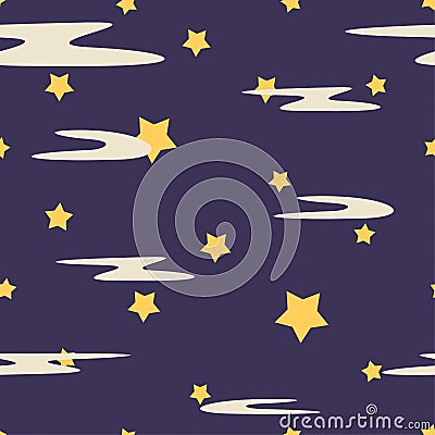 Seamless repeating kids pattern of violet night sky and yellow shape stars with milk clouds. Texture for christmas wrapping paper Vector Illustration