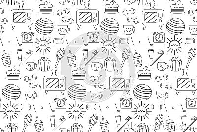 Seamless repeating pattern with cozy household items. Morning and evening routine. Vector illustration. Vector Illustration