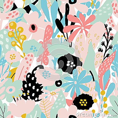 Seamless repeating pattern with floral elements in pastel colors on white background. Vector Illustration