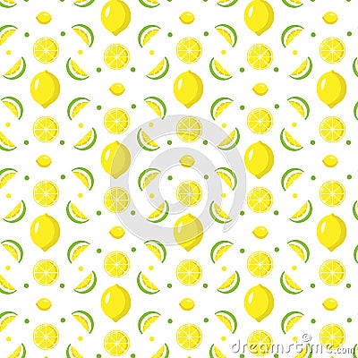 Seamless repeating pattern of juicy whole lemon and slices of yellow and green flowers on a white background Vector Illustration