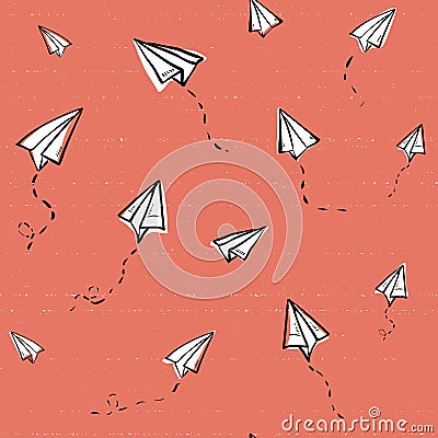 Seamless repeating pattern with painted paper airplanes. Can be printed on textiles, wrapping paper, greeting card. red Vector Illustration