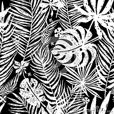 Seamless repeating pattern with white silhouettes of palm tree leaves in black background. Vector botanical illustration Vector Illustration