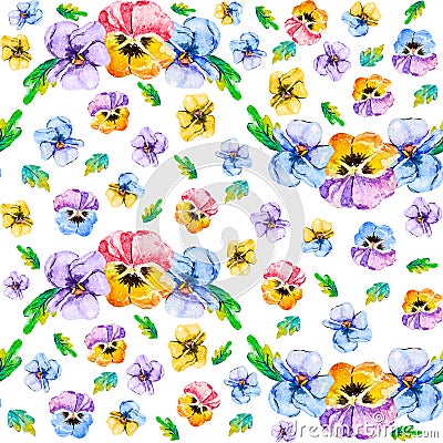 Seamless repeating spring pattern of beautiful watercolor single violet pansy viola flowers on a white background. There is an Stock Photo