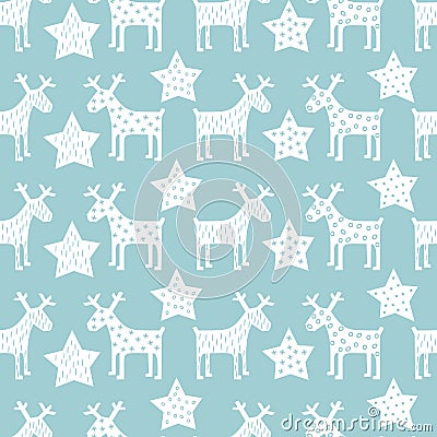 Seamless retro Christmas pattern - Xmas reindeer and night stars. Vector Illustration