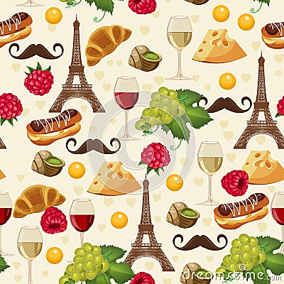 Seamless retro pattern in french style with food and wine. Stock Photo