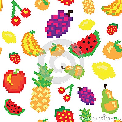 Seamless retro pixel game fruits pattern Vector Illustration