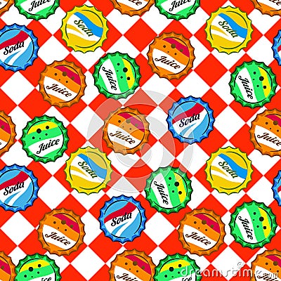 Seamless retro soda bottle caps pattern vector on red and white checkered background. Vector Illustration