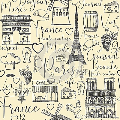 Seamless retro style background with symbols of Paris and France and French words Vector Illustration