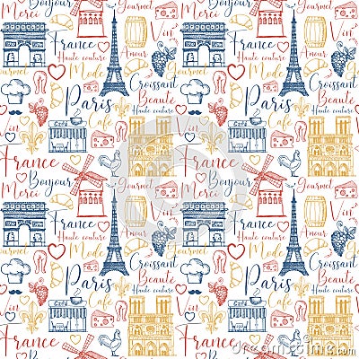 Seamless retro style background with symbols of Paris and France and French words Vector Illustration