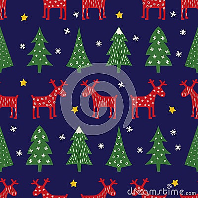 Seamless retro style Christmas pattern - varied Xmas trees, reindeer, stars and snowflakes. Vector Illustration