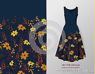 Seamless rim. Border with Herbs and wild flowers, leaves. Botanical Illustration Colorful illustration on dress mockup. Vector Illustration