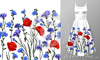 Seamless rim. Border with Herbs and wild flowers, leaves. Botanical Illustration Colorful illustration on dress mockup. Vector Illustration