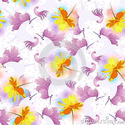 Seamless romantic pattern with magic unicorns, huge cosmos flowers, little rose and tiny tulips on white background. Watercolor Stock Photo