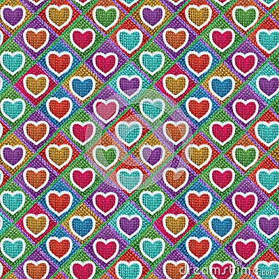 Seamless Romantic Scandinavian Style Handmade Colorful Knitted Fur Trim Hearts on green background pattern illustration. Cartoon Illustration