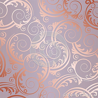 Seamless rose gold swirls and leaves pattern Vector Illustration