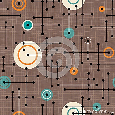 Seamless 1950s retro pattern of lines and circles Vector Illustration