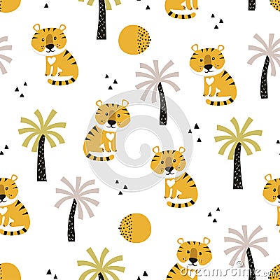 Seamless safari pattern with cartoon tiger and palm trees. Vector Illustration