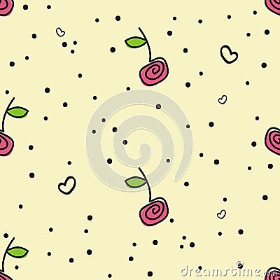 Seamless sample, cherries, yellow background Stock Photo