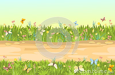 Seamless sandy road. Horizontal border composition. Summer flowers meadow landscape. Juicy grass. Rural rustic scenery Vector Illustration