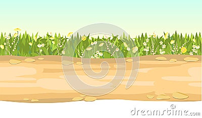 Seamless sandy road. Horizontal border composition. Summer meadow landscape. Juicy grass. Rural rustic scenery. Cartoon Vector Illustration