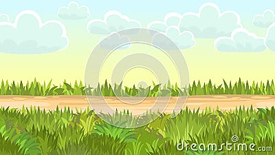 Seamless sandy road. Horizontal border composition. Summer meadow landscape. Juicy grass. Rural rustic scenery. Cartoon Vector Illustration