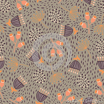 Seamless scandinavian flowers vector background. 1960s, 1970s retro floral design. Purple, orange, and peach vintage doodle Vector Illustration