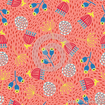 Seamless scandinavian flowers vector background. 1960s, 1970s retro floral design. Red, yellow, and blue vintage doodle flowers on Vector Illustration