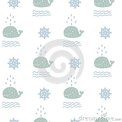Seamless Scandinavian ocean sea nursery hand drawn blue pattern with waves and animal wale sea. childish texture for fabric Stock Photo