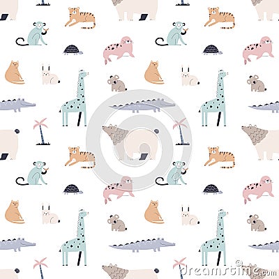 Seamless Scandinavian pattern. Childish background with cute animals repeating print. Scandi-styled endless texture Vector Illustration