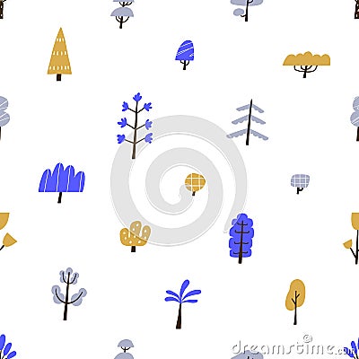 Seamless Scandinavian pattern with childish trees print. Background, repeating texture design with fantasy forest plants Vector Illustration
