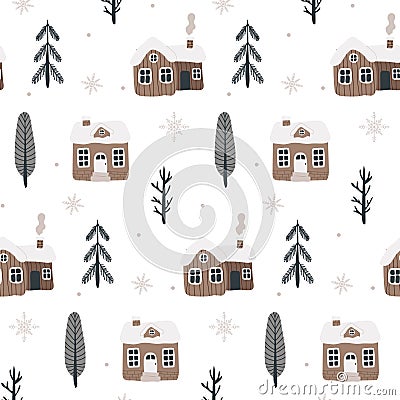 Seamless Scandinavian pattern with hand-drawn houses, mountains and trees. Vectral pattern for baby textiles, gift paper Vector Illustration