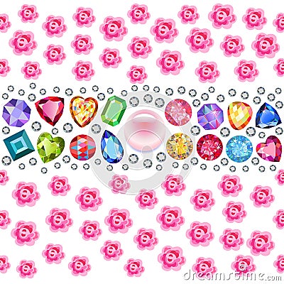 Seamless scattered gems, rhinestones, pearls & roses on Vector Illustration