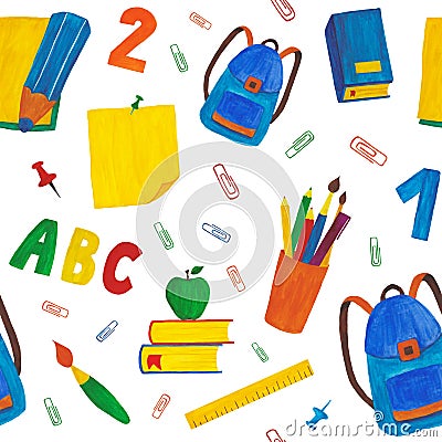 Seamless school pattern. Watercolor school supplies Stock Photo