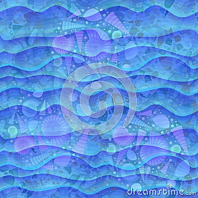 Seamless sea background. Pearls and seashells on rocky bottom under azure transparent waves. Print for fabric, wallpaper Vector Illustration