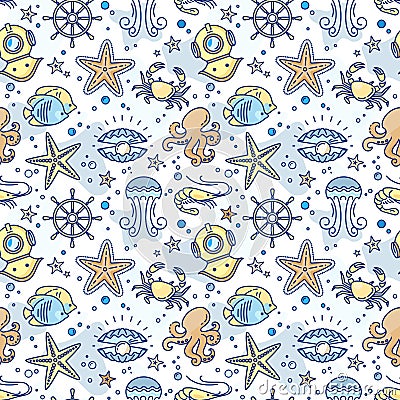 Seamless sea children pattern with the steering wheel, crab, pearl, starfish, shrimp, Aqualung. Vector Illustration