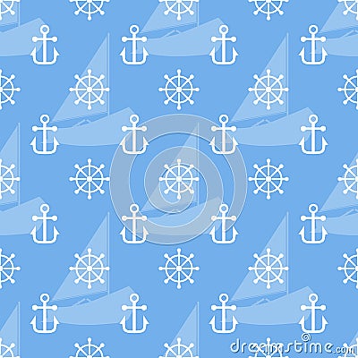 Seamless sea pattern of anchor, handweel and sailboat shape. Vector Vector Illustration