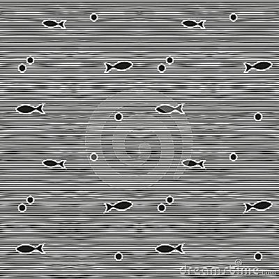 Seamless sea pattern with black and white horisontal lines and fishes Stock Photo