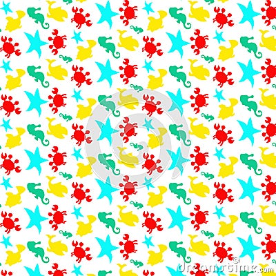 Seamless sea pattern: crab, seahorse, fish, starfish. Stock Photo