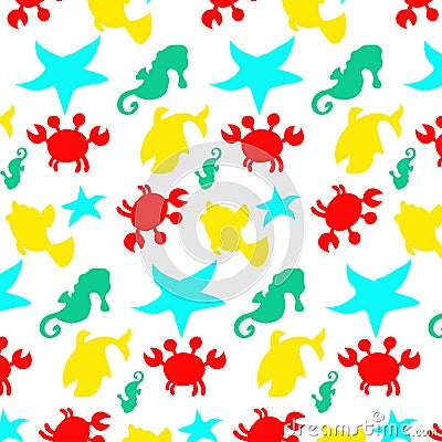 Seamless sea pattern: crab, seahorse, fish, starfish. Stock Photo
