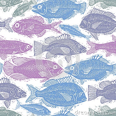 Seamless sea pattern, different fish silhouettes. Hand drawn fauna wallpaper, vector aqua nature continuous background. Vector Illustration