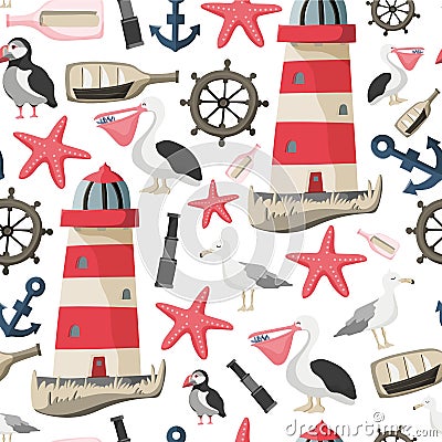 Seamless sea pattern with fishes, anchor, corals, lighthouse, whale, atlantic puffin etc. Ocean background Vector Illustration