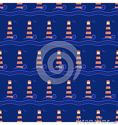 Seamless sea pattern. Lighthouse with light blue wave on blue Vector Illustration