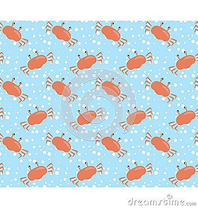 Seamless sea pattern. Orange crab and white bubbles on light blu Vector Illustration