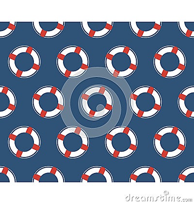 Seamless sea pattern. White lifebuoy on blue Vector Illustration