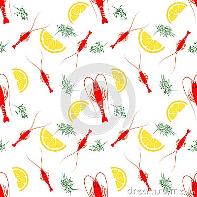 Seamless seafood pattern with boiled shrimp, lemon and dill. Shrimp food background. Great for seafood restaurant menu Vector Illustration
