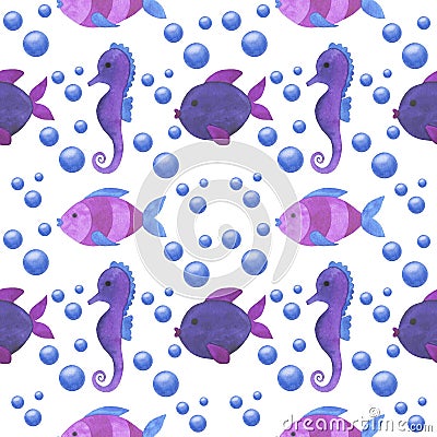 Seamless seahorse fish watercolor beautiful children`s illustrations Collection of characters of a fairy tale Underwater scenery Cartoon Illustration